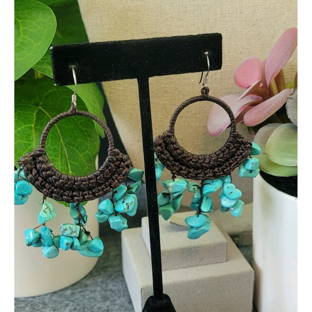 Boho Turquoise Color Stone Chip Dangle Earrings Lot Of By2 Pairs Macrame Hoop